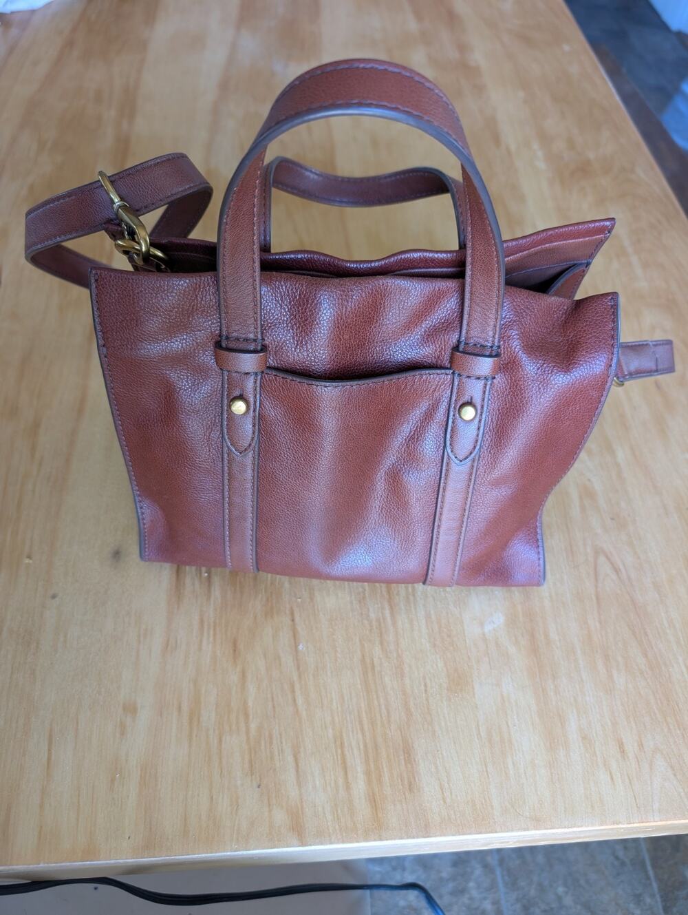 Fossil Kingston Brown Satchel Top Handle Bag Zip Closure Gold Hardware Crossbody